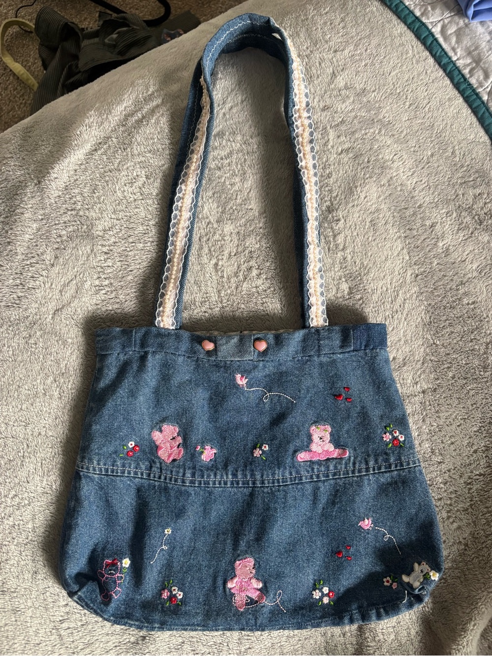 Denim Tote Bag with Pink Embroidered Bears